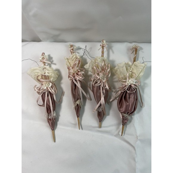 4 Vtg Miniature Satin Lace Parasol*Victorian Christmas Ornament or Baby Shower - Picture 3 of 4